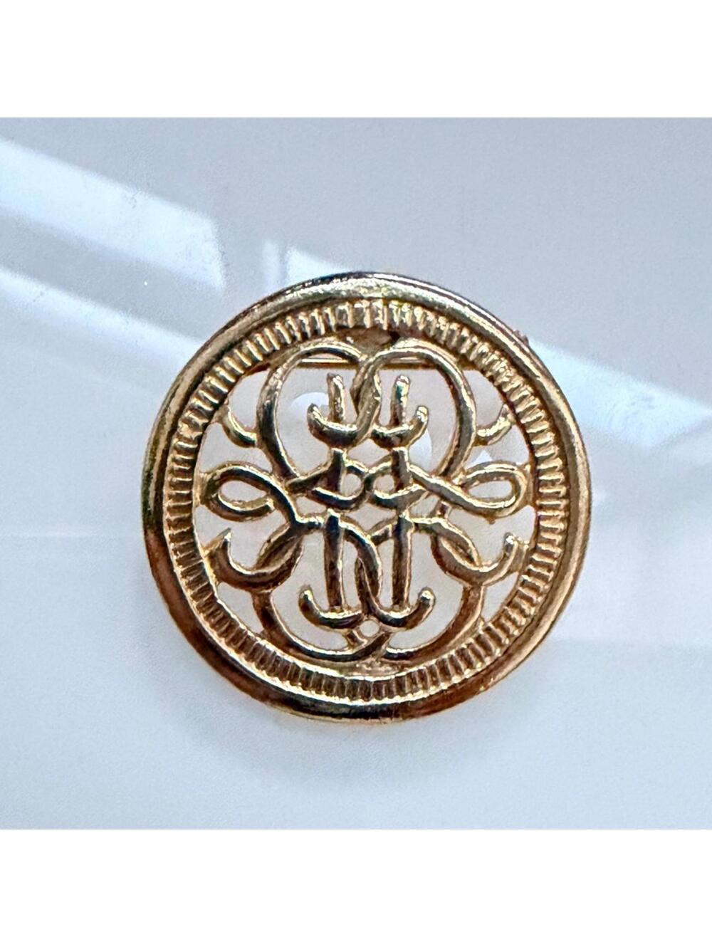 Vintage Gold Tone Filigree Monogram Round Brooch 1" Openwork